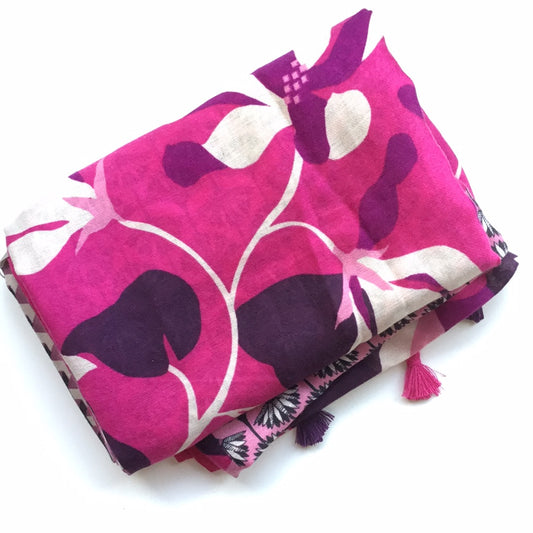 Fuchsia flower print with tassels scarf