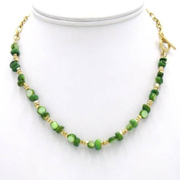 green and gold bead necklace with clasp