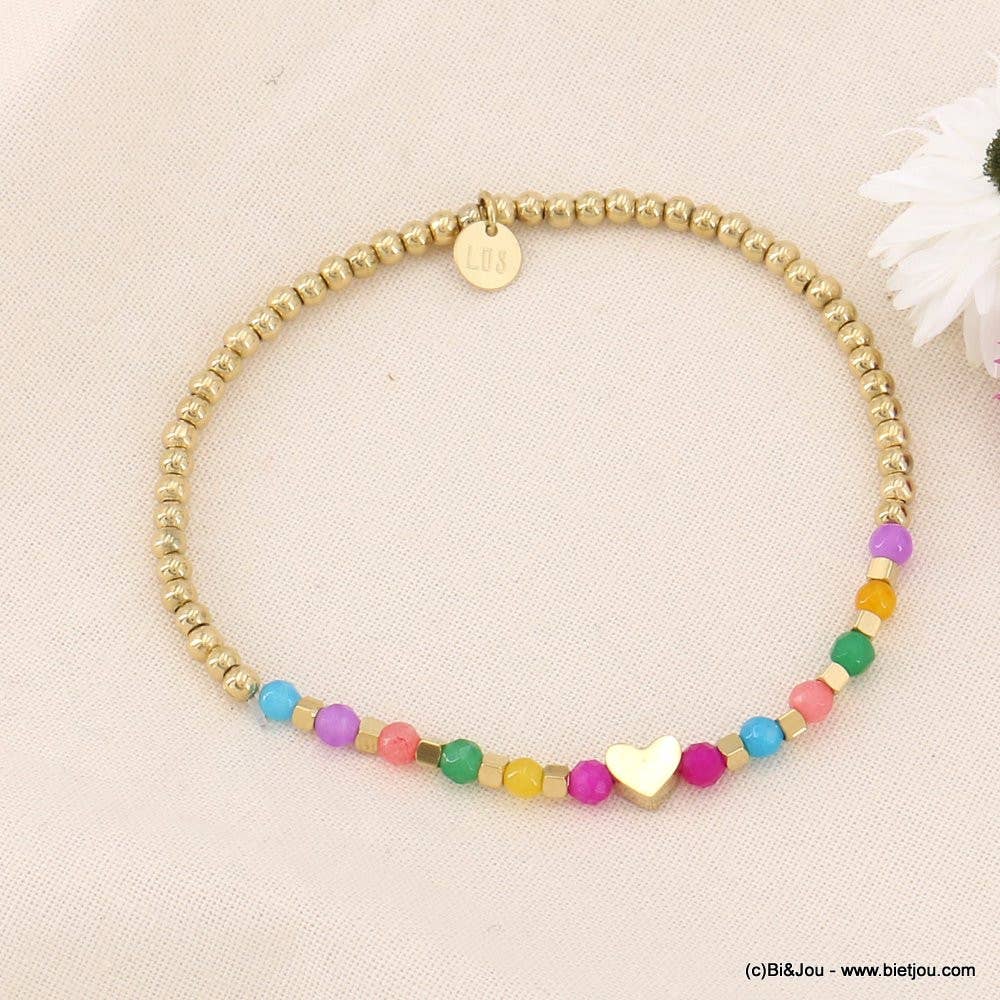 Elastic bracelet with heart steel beads and stones 0223085: Multi