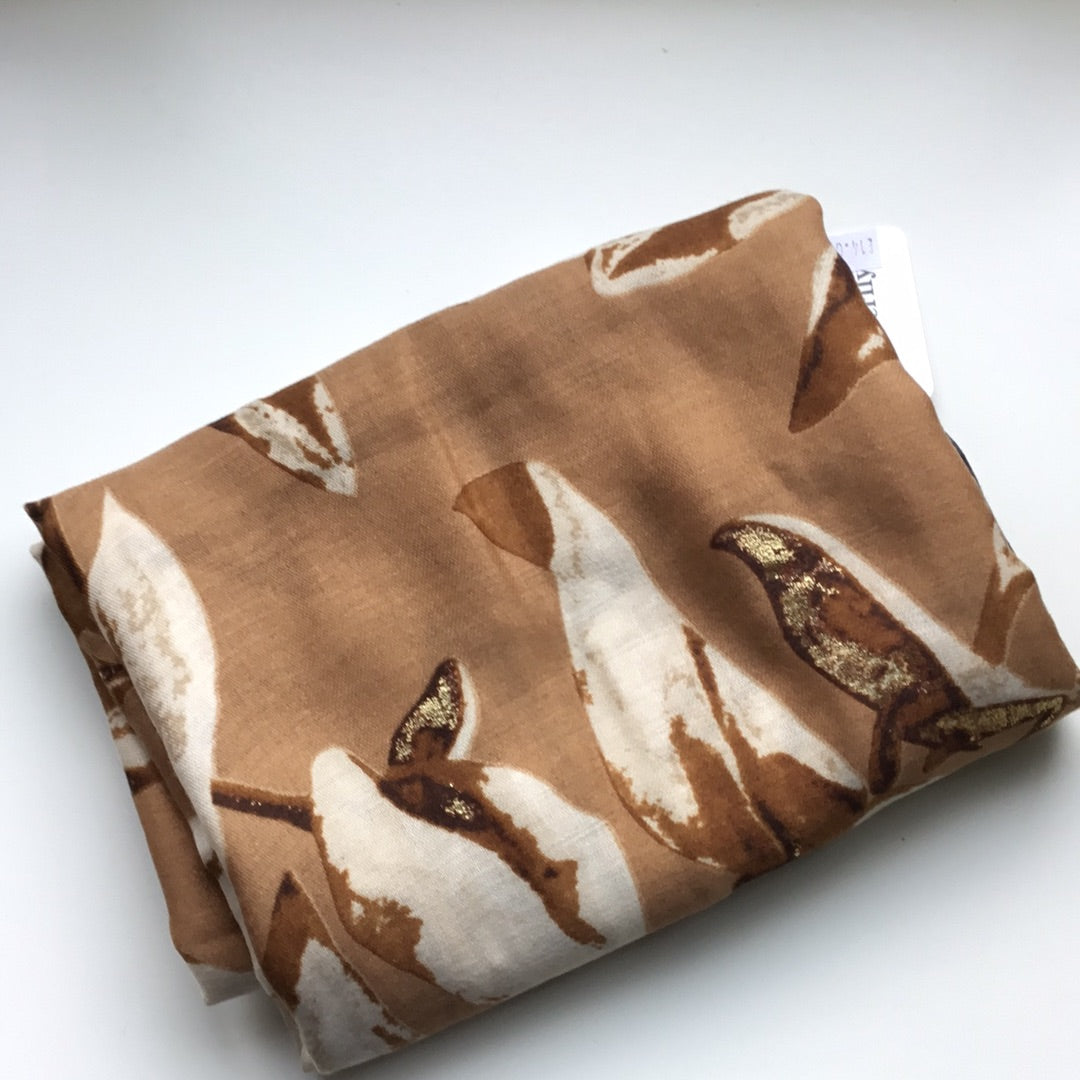 Beige metallic leaf print scarf