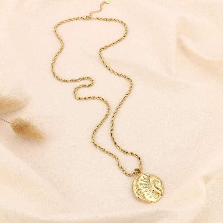 gold twist chain necklace with sun moon pendant