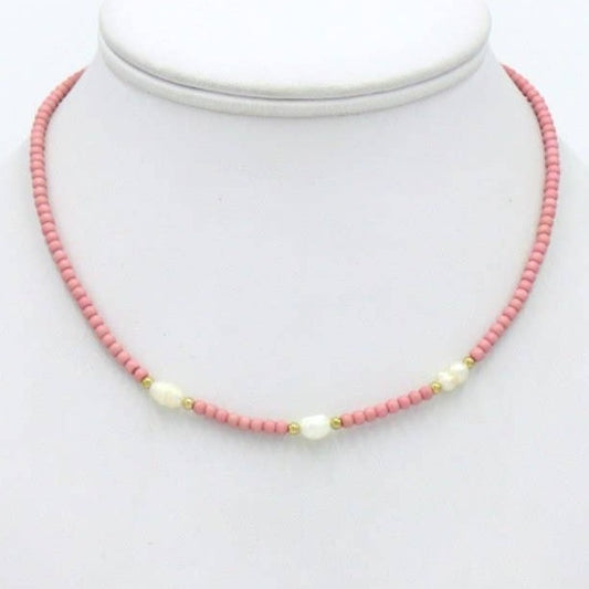 Pink bead and pearl necklace - 0122016